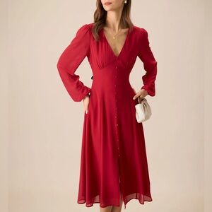 Rihoas Women's Red V-Neck Puff Sleeve Slit Midi Dress